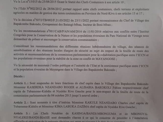Nord-Kivu : deux chefs terriens suspendus dans le conflit de limite du PNV