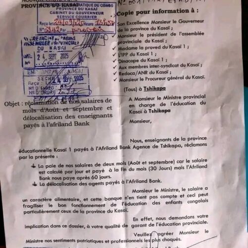 Kasaï : les enseignants réclament leurs salaires et dénoncent  les manœuvres d&rsquo;Afriland Bank