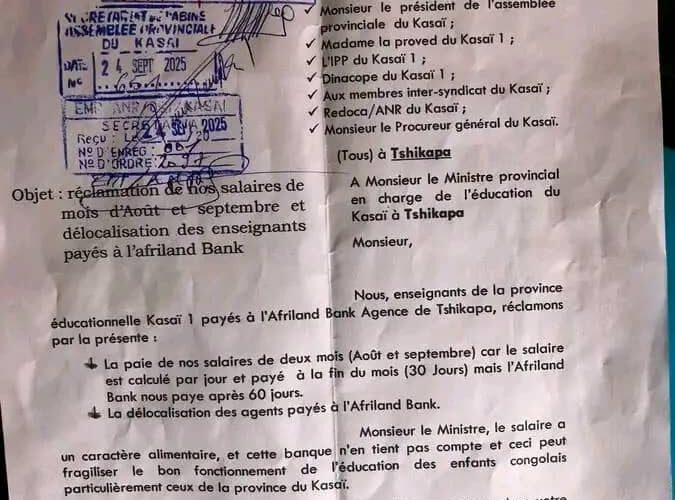 Kasaï : les enseignants réclament leurs salaires et dénoncent  les manœuvres d&rsquo;Afriland Bank